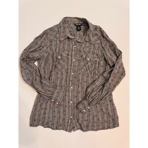 Wrangler Retro Women's Pearl Snap Floral Plaid Shirt Size L Black/White/Pink